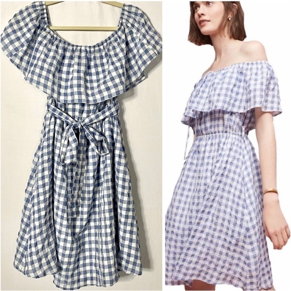 Anthropologie ie 11.1. Tylho Kinsey Off-The-Shoulder Blue & White Gingham Dress - Picture 1 of 15
